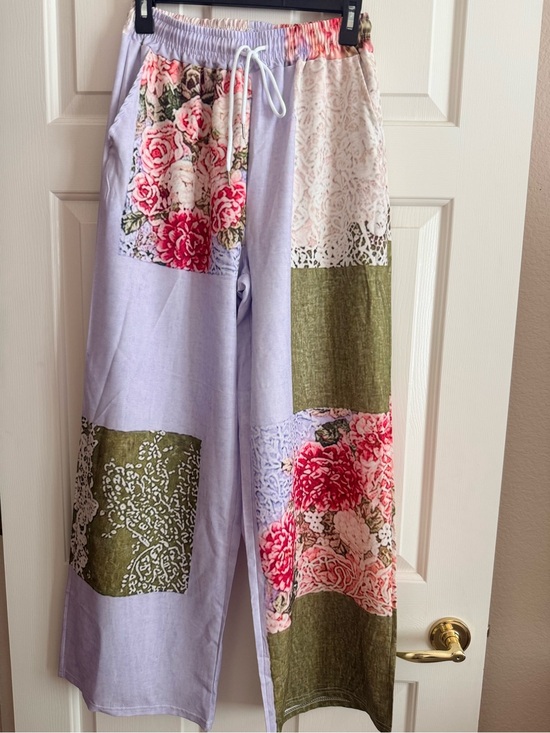 Pants - Patchwork Floral Wide-Leg Pants Slacks Lavender & Olive